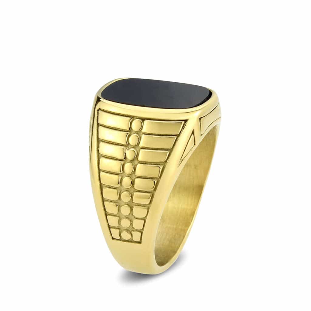 Stainless Steel Gold IP Black Onyx Cushion Ribbed Mens Ring view 7