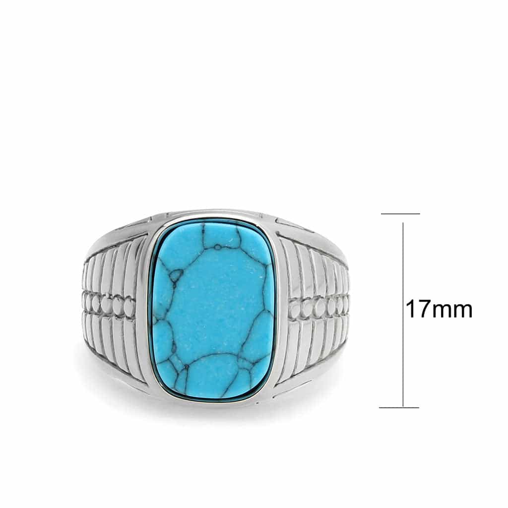 Stainless Steel Silver Turquoise Rectangle Ribbed Mens Ring view 3