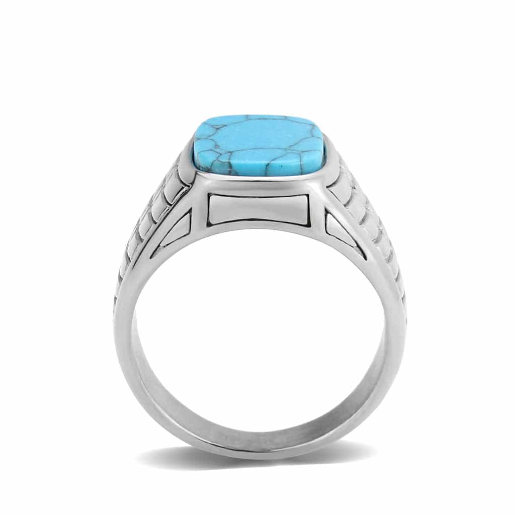 Stainless Steel Silver Turquoise Rectangle Ribbed Mens Ring view 5