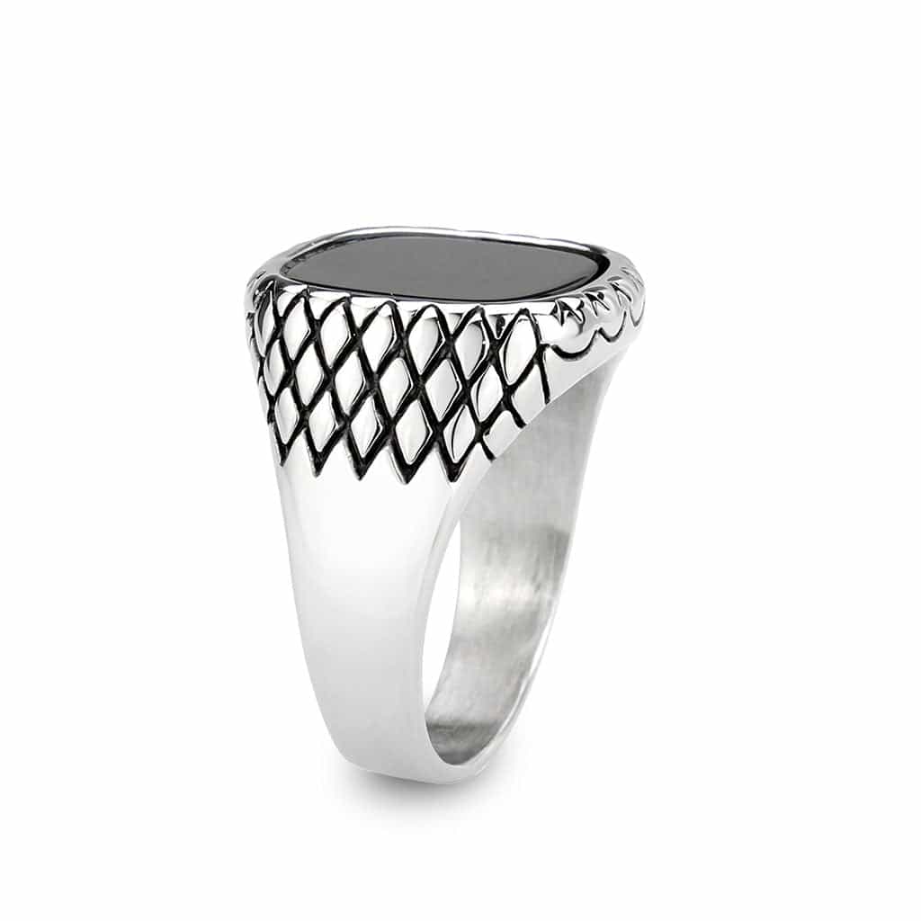 Stainless Steel Silver Black Onyx Square Grid Carved Mens Ring view 7