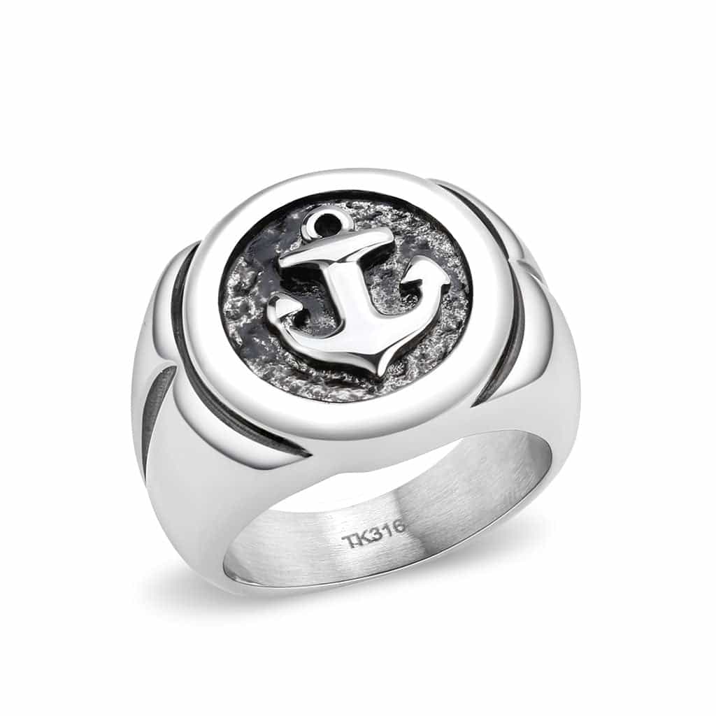 Stainless Steel Anchor Nautical Circle Carved Mens Signet Ring view 1