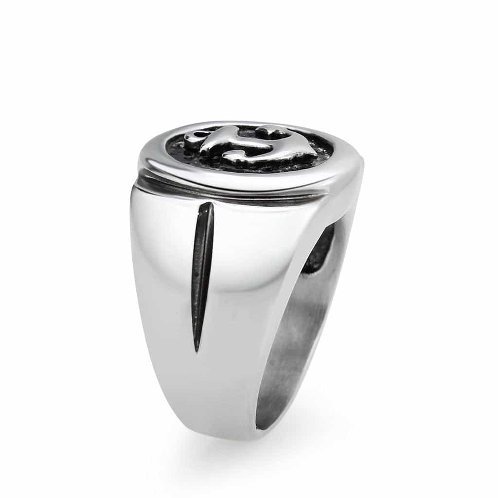Stainless Steel Anchor Nautical Circle Carved Mens Signet Ring view 7