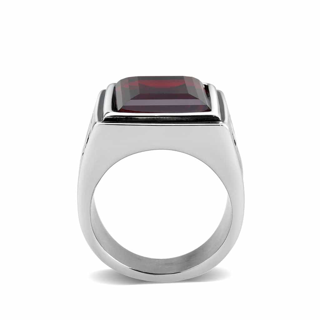 Stainless Steel Silver Red Garnet CZ Emerald Cut Carved Mens Ring view 5