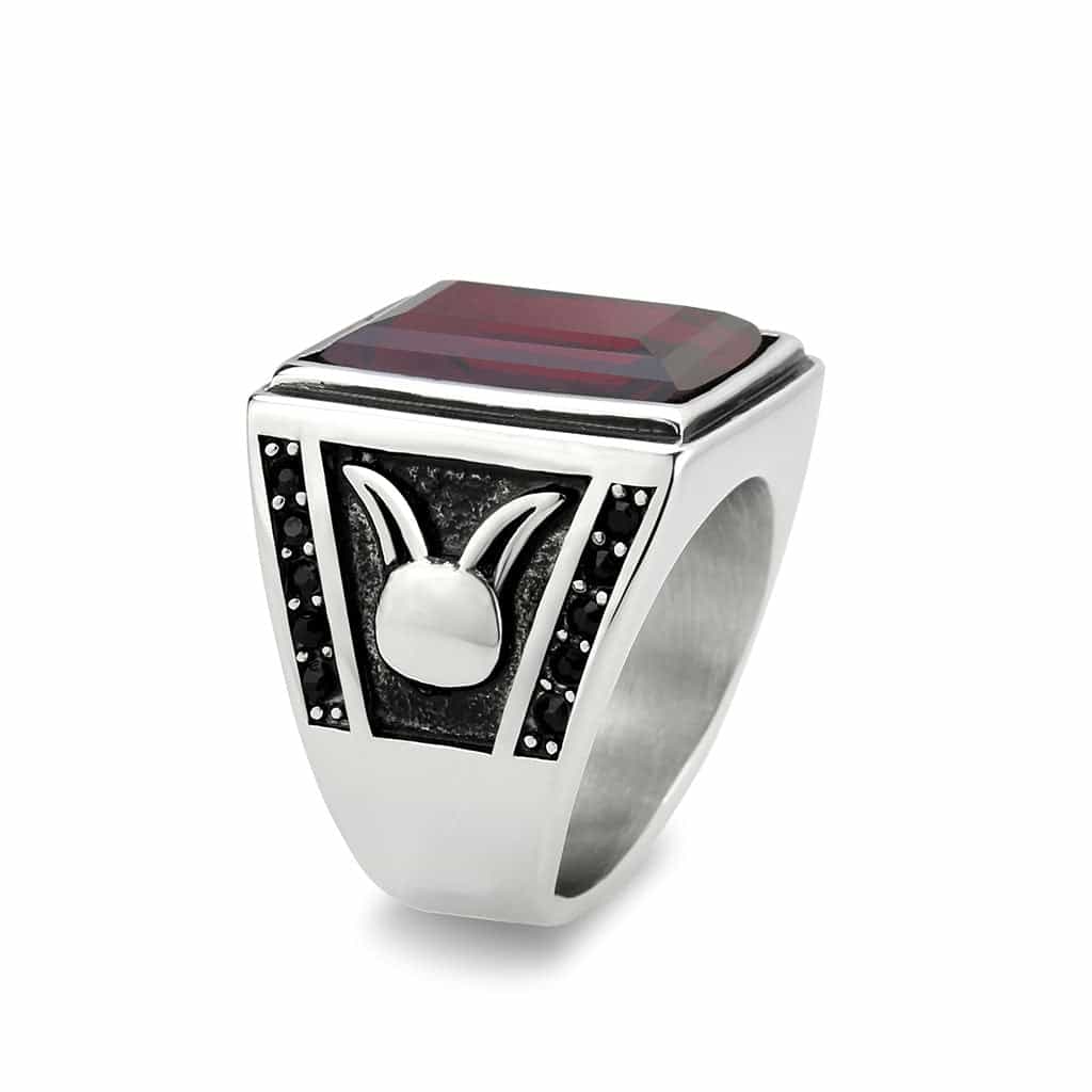 Stainless Steel Silver Red Garnet CZ Emerald Cut Carved Mens Ring view 7