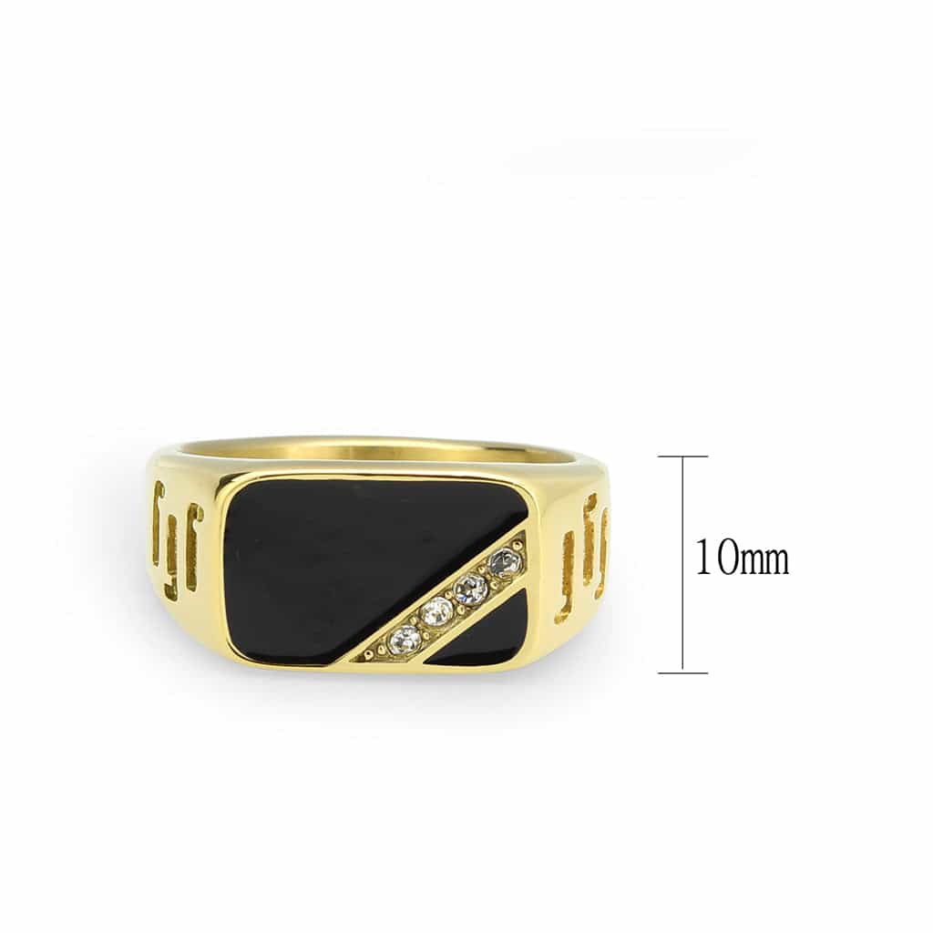 Stainless Steel Gold IP Black Onyx Rectangle CZ Diagonal Ring view 3