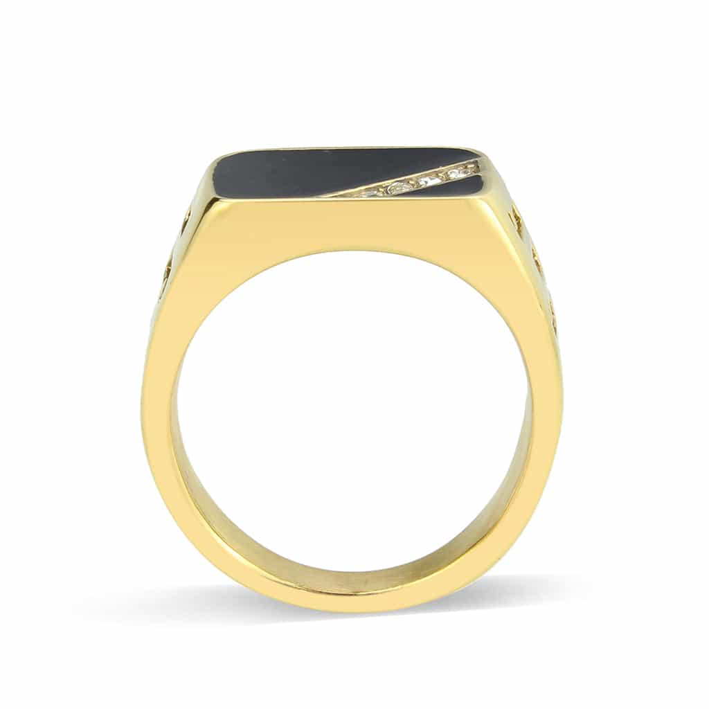 Stainless Steel Gold IP Black Onyx Rectangle CZ Diagonal Ring view 5