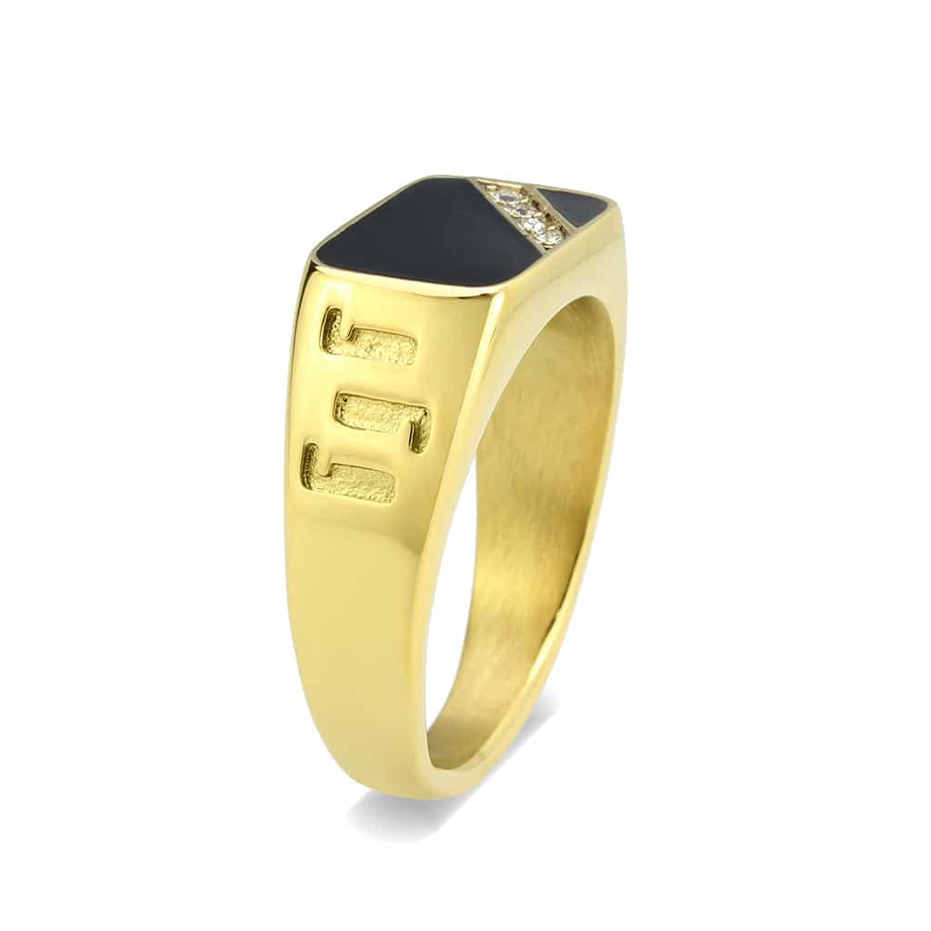 Stainless Steel Gold IP Black Onyx Rectangle CZ Diagonal Ring view 7