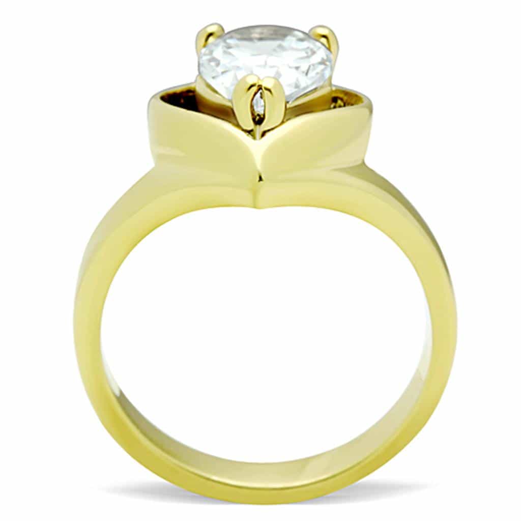 Stainless Steel Gold IP CZ Oval Petal Cathedral Solitaire Ring view 5