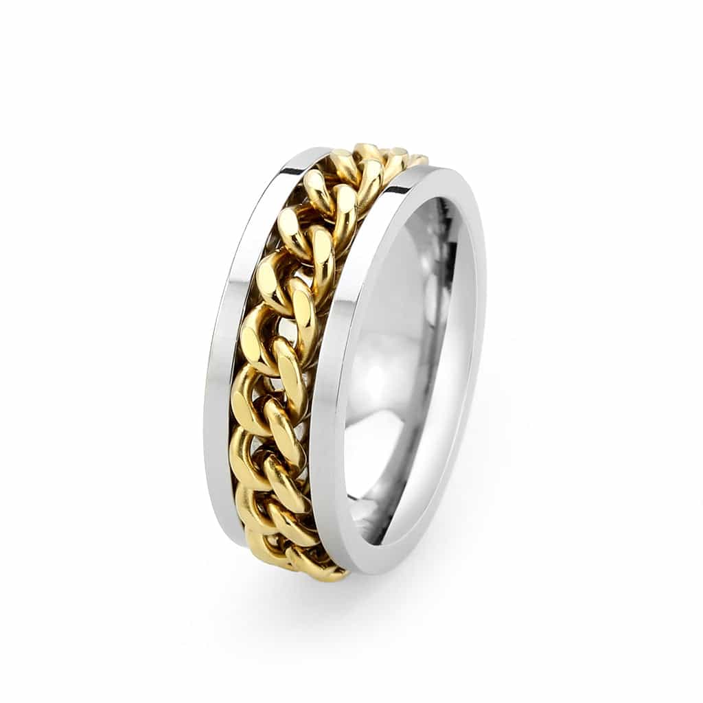Stainless Steel Two Tone Gold Silver Cuban Chain Spinner Ring view 7