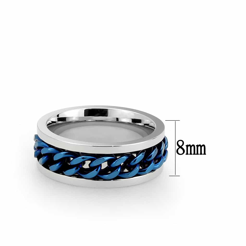 Stainless Steel Silver Blue IP Cuban Chain Spinner Mens Band Ring view 3