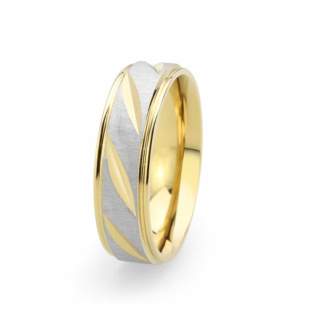Stainless Steel Two Tone Gold Silver Diagonal Stripe Wedding Ring view 7