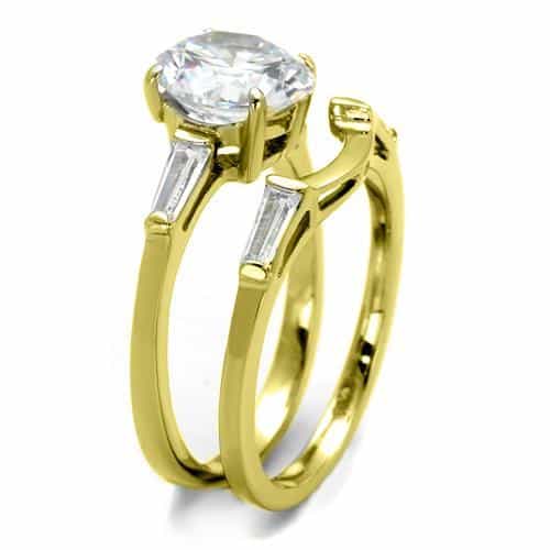 Stainless Steel Gold IP CZ Round Baguette Bridal Set Ring view 7