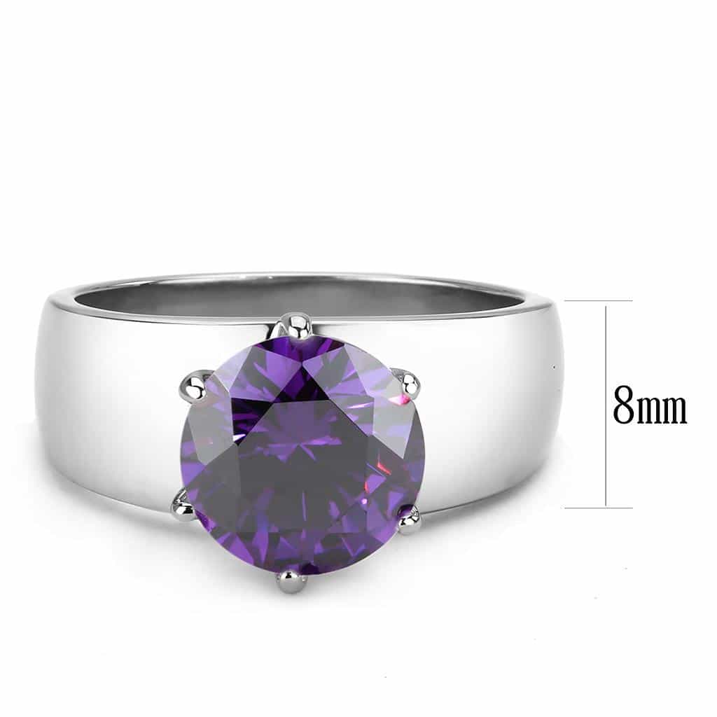 Stainless Steel Silver CZ Round Purple Solitaire Wide Band Ring view 3