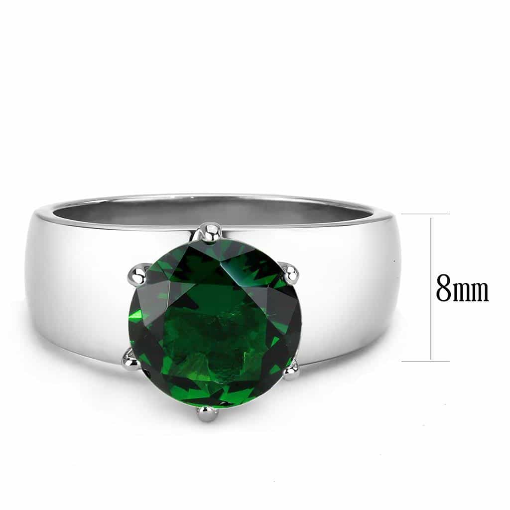 Stainless Steel Silver CZ Round Green Solitaire Wide Band Ring view 3