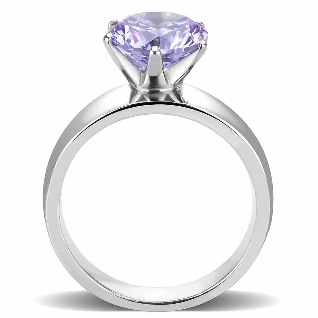 Stainless Steel Silver CZ Round Lavender Solitaire Wide Band Ring view 5