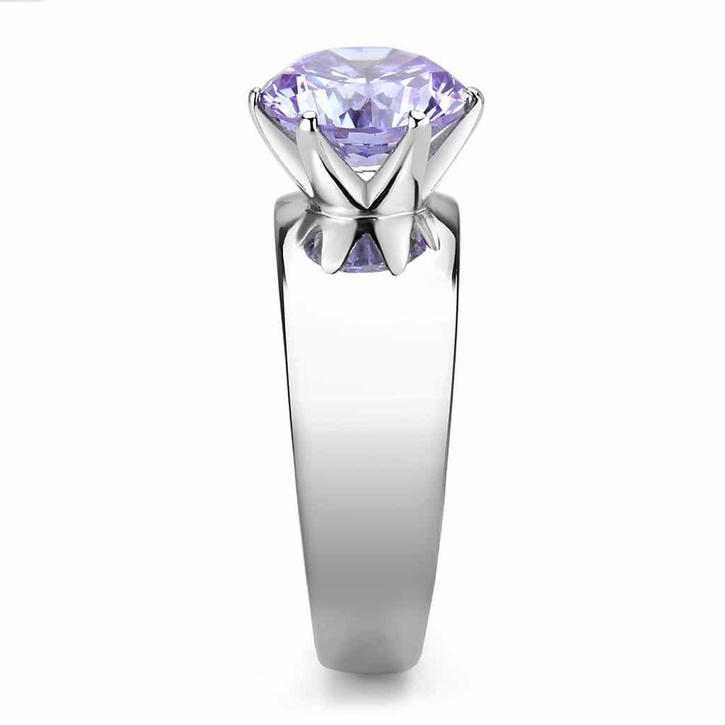 Stainless Steel Silver CZ Round Lavender Solitaire Wide Band Ring view 7