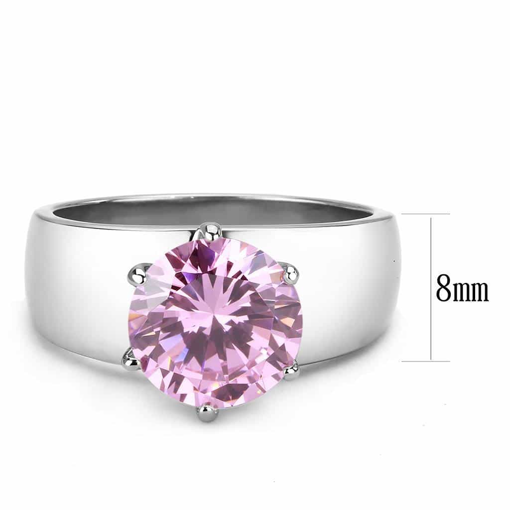 Stainless Steel Silver CZ Round Pink Solitaire Wide Band Ring view 3