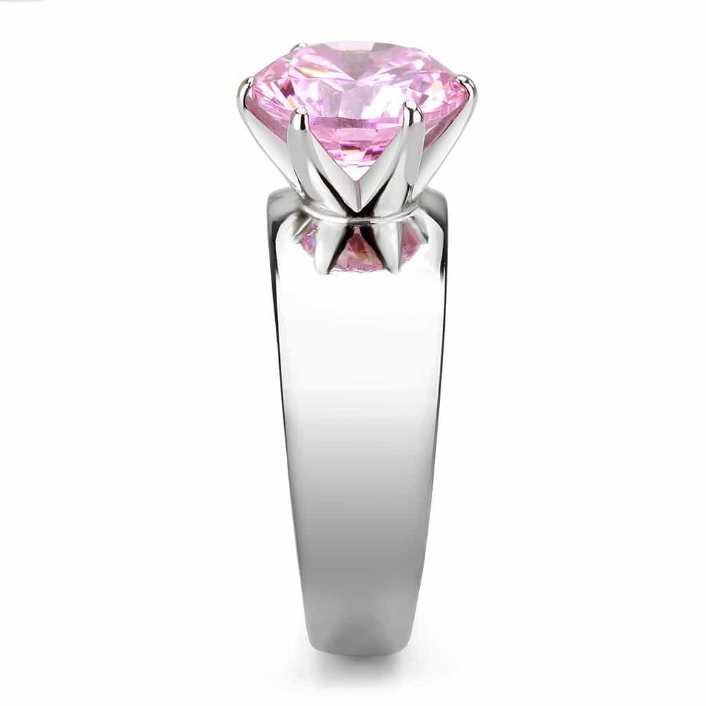 Stainless Steel Silver CZ Round Pink Solitaire Wide Band Ring view 7