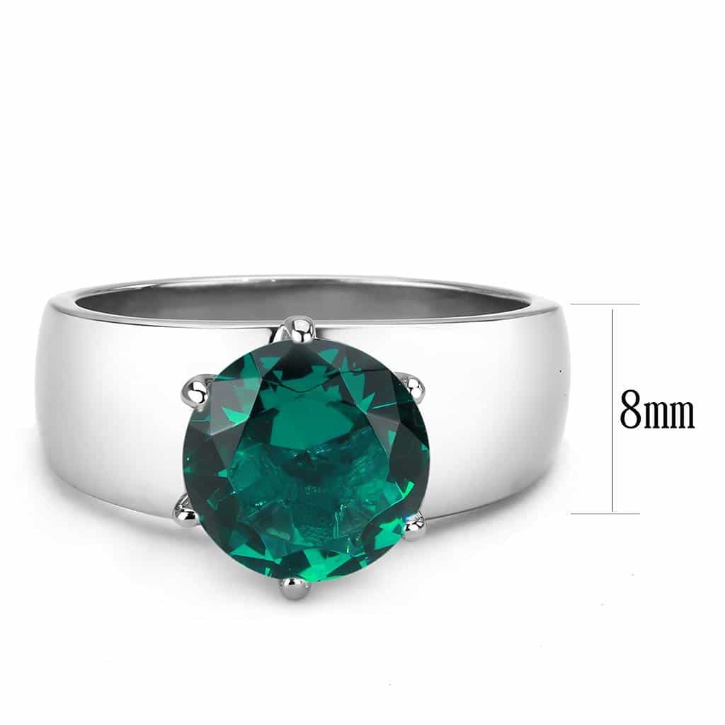 Stainless Steel Silver CZ Round Teal Solitaire Wide Band Ring view 3