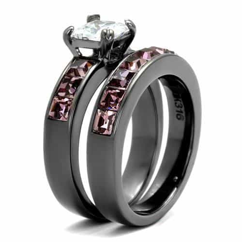 Stainless Steel Dark IP CZ Princess Pink Channel Bridal Set Ring view 7