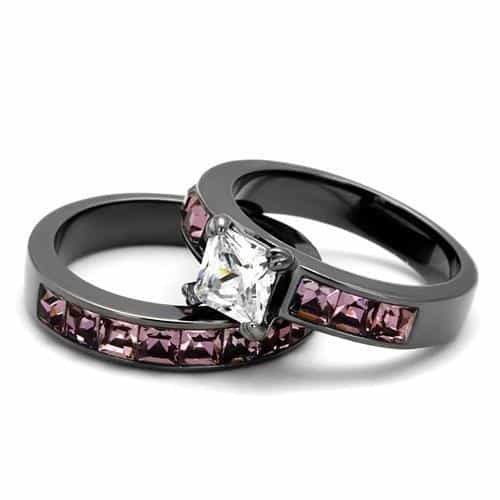 Stainless Steel Dark IP CZ Princess Pink Channel Bridal Set Ring view 9