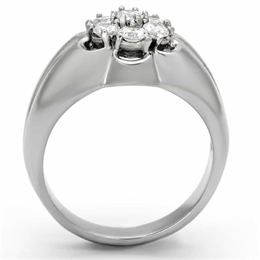 Stainless Steel Silver CZ Round Clear Cluster Flower Prong Ring view 5