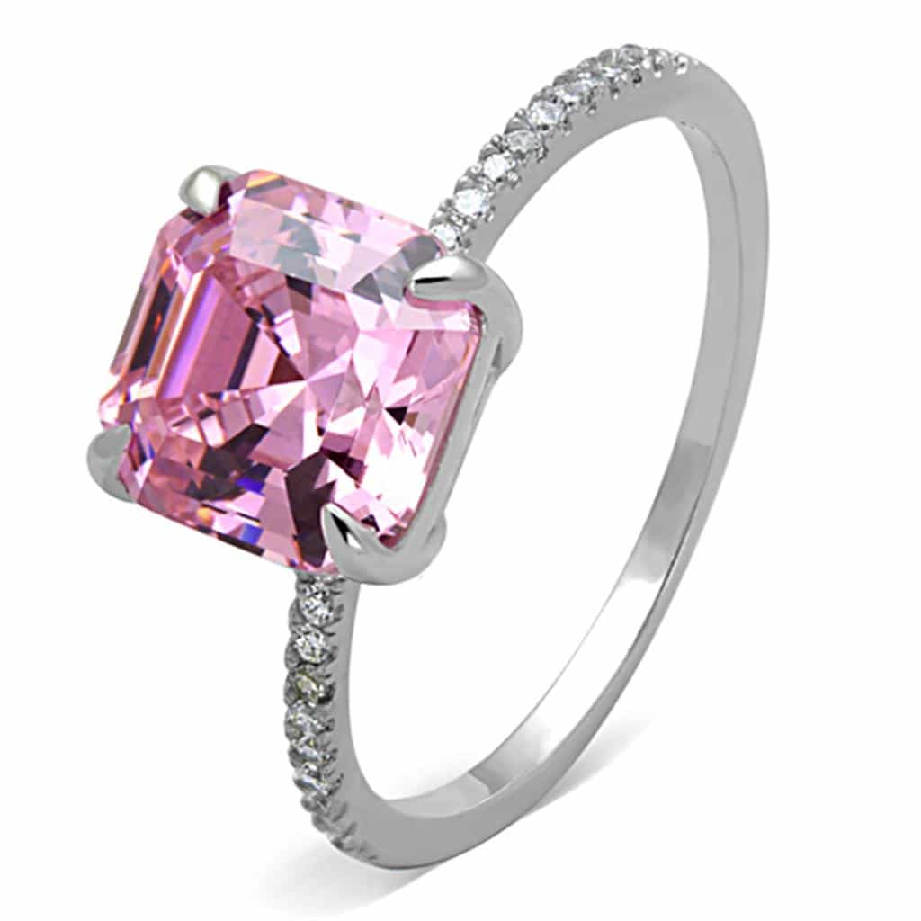 Sterling Silver Pink CZ Cushion Solitaire Pave Ring view 9