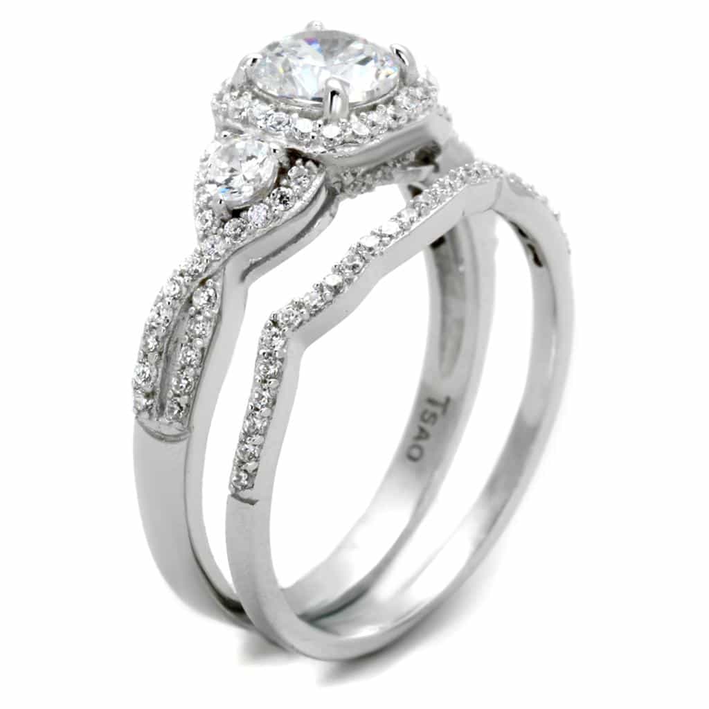 Sterling Silver CZ Cushion Halo Pave Bridal Set Ring view 7