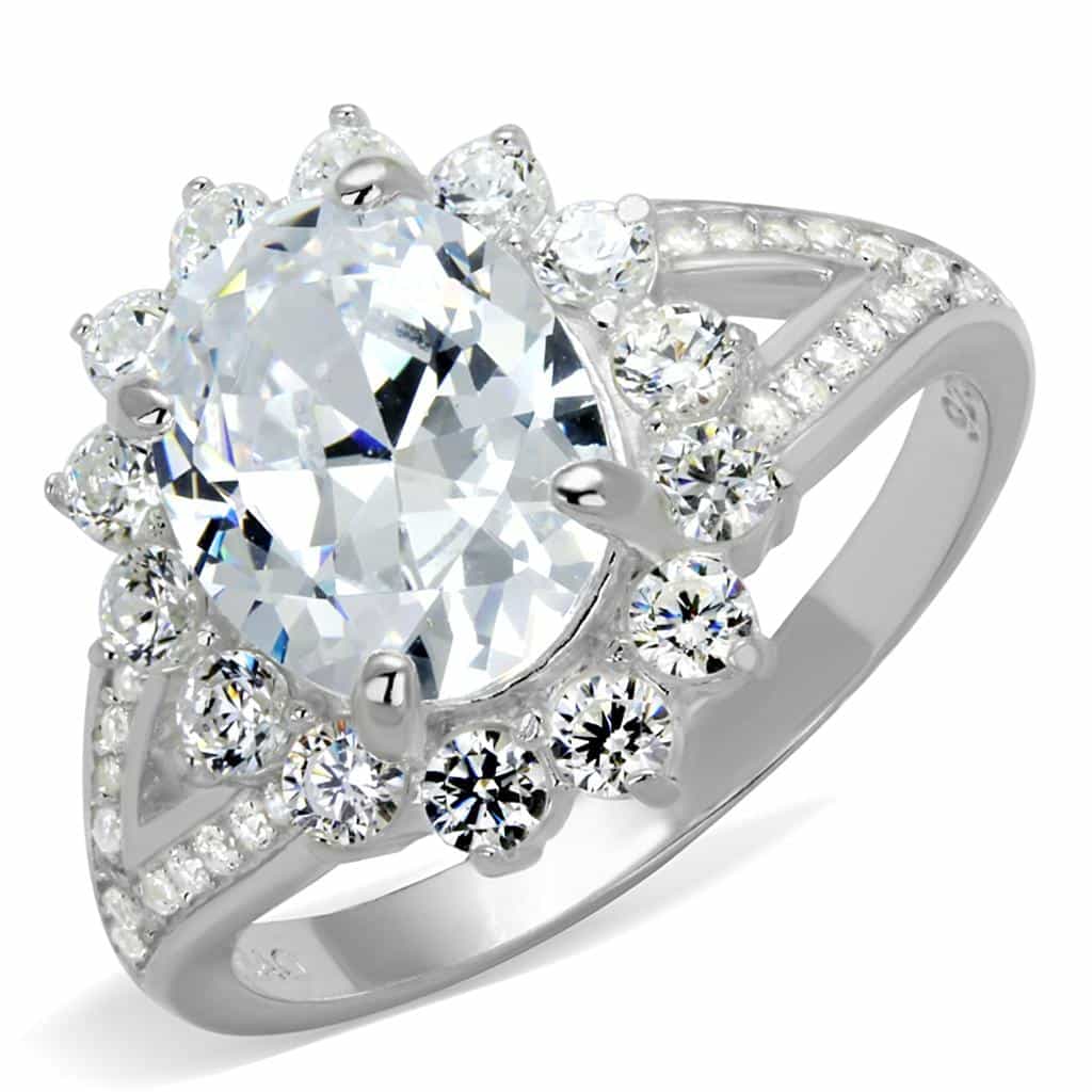 Sterling Silver CZ Round Oval Starburst Flower Halo Ring view 9