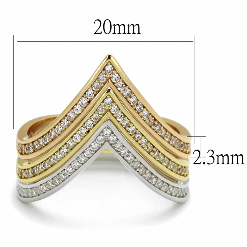 Sterling Silver Rose Gold Tri Tone CZ V Chevron Triple Ring view 3