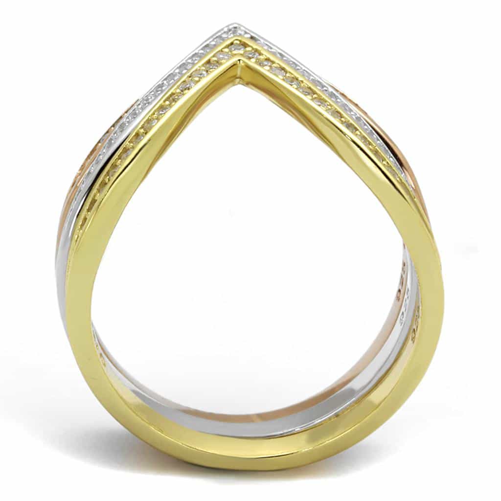 Sterling Silver Rose Gold Tri Tone CZ V Chevron Triple Ring view 5