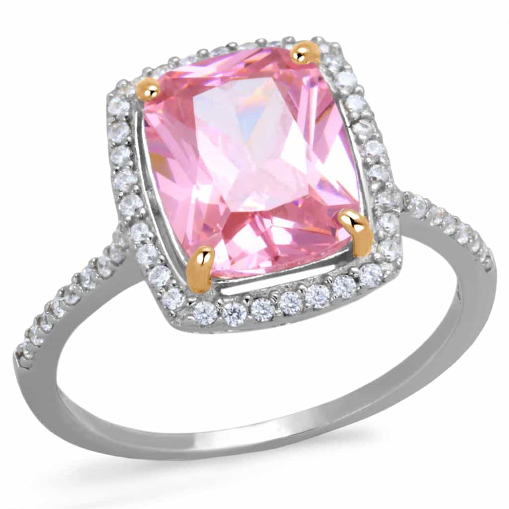 Sterling Silver Pink CZ Emerald Cut Halo Pave Ring view 9