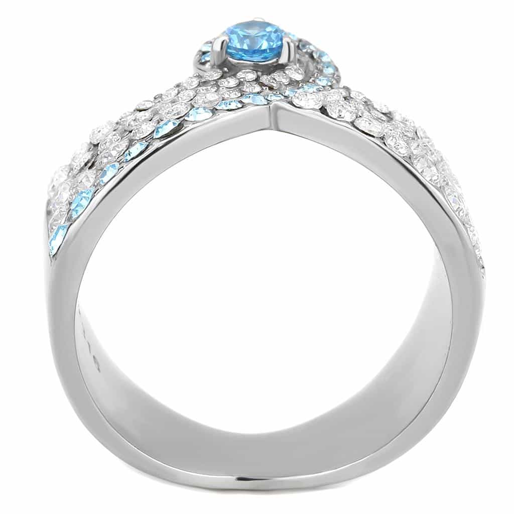 Stainless Steel Aquamarine CZ Round Pave Channel X Crossover Ring view 5
