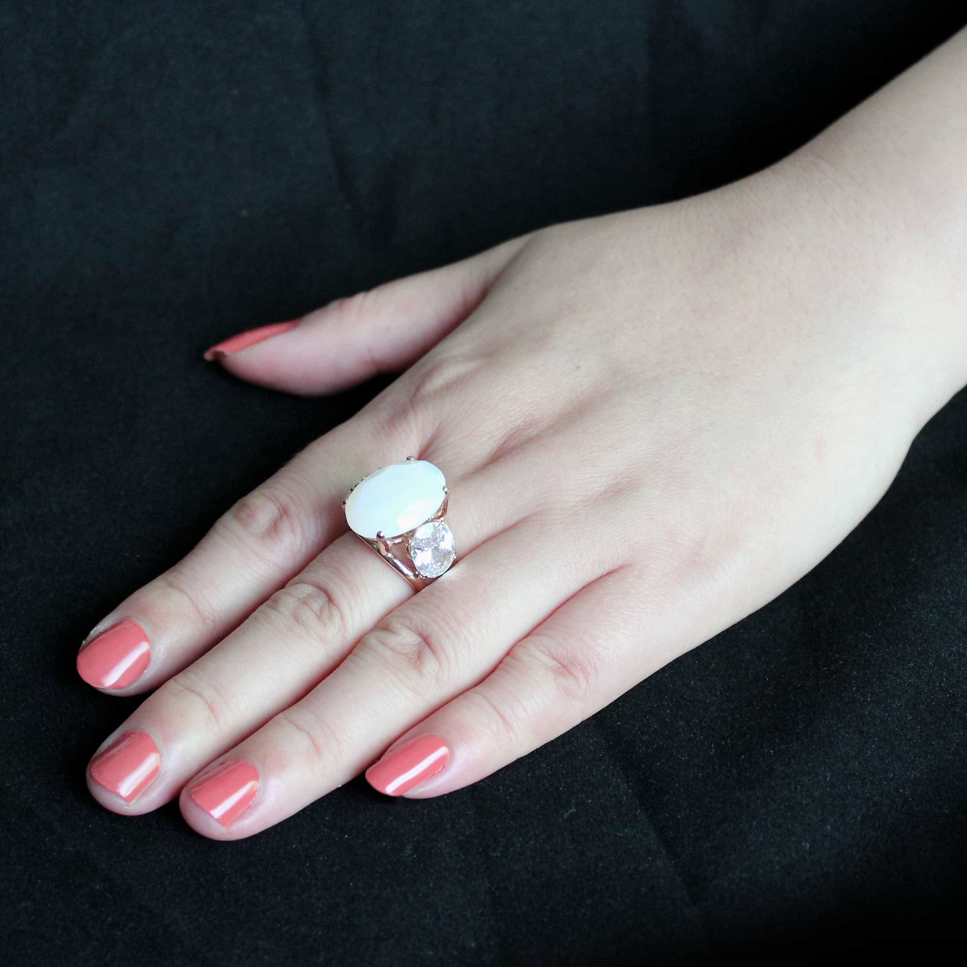 Stainless Steel Rose Gold IP Opal Oval CZ Marquise Three Ring view 9