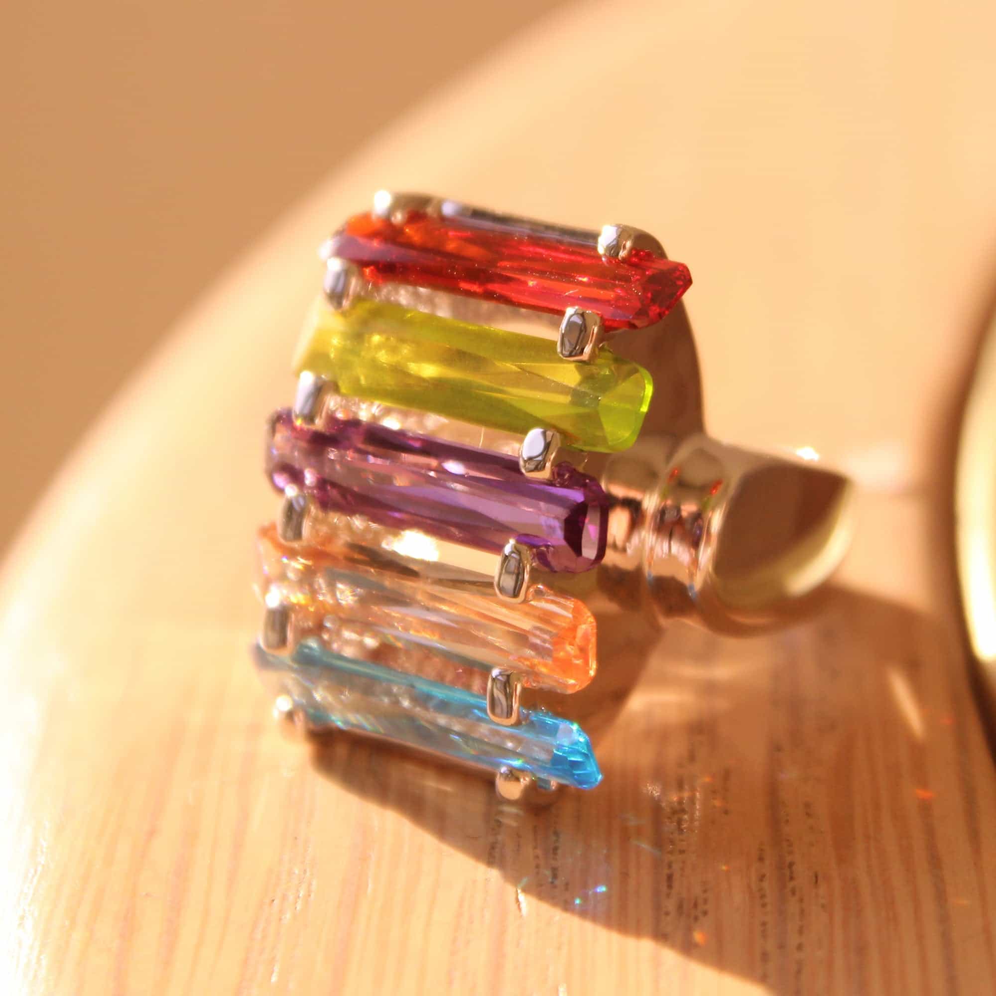Brass Rainbow CZ Baguette Bar Stacker Ring view 5