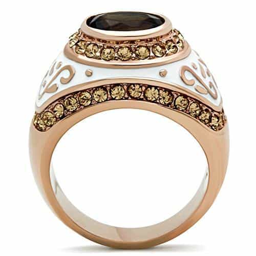 Brass Rose Gold Smoky Quartz Oval Enamel Filigree Cocktail Ring view 5