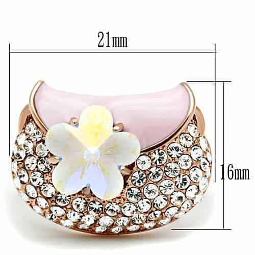 Brass Rose Gold Opal Flower Pink Enamel CZ Dome Cocktail Ring view 3