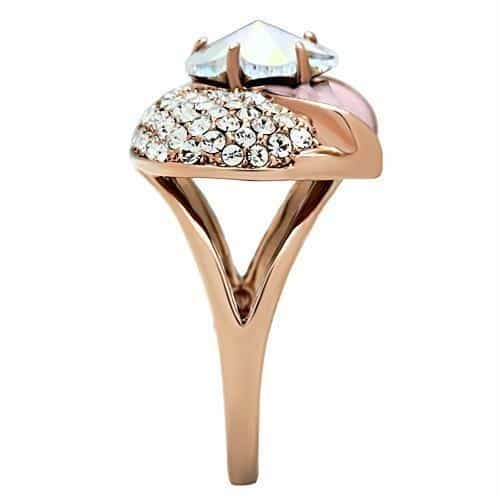 Brass Rose Gold Opal Flower Pink Enamel CZ Dome Cocktail Ring view 7