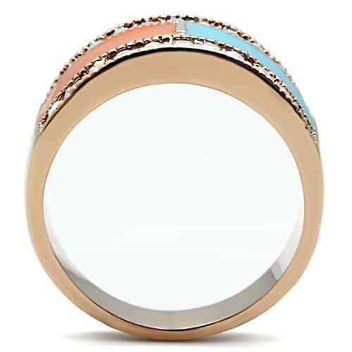 Brass Rose Gold Turquoise Orange Enamel CZ Color Block Wide Ring view 5