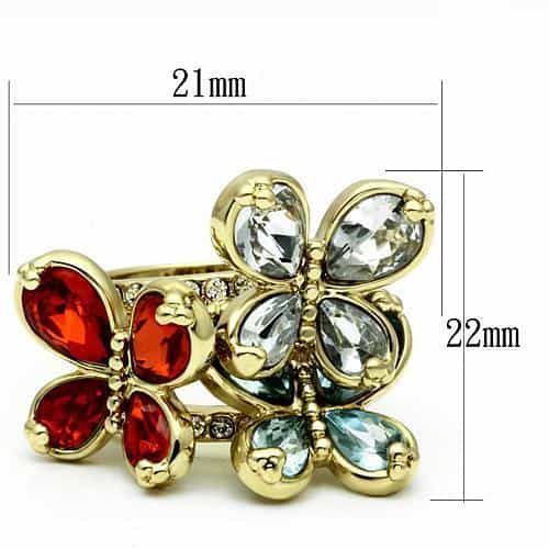 Brass Gold Red Blue Crystal Pear Flower Double Cocktail Ring view 3