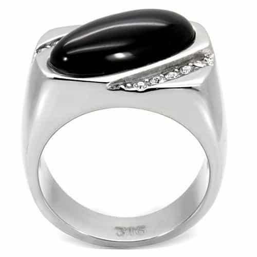 Stainless Steel Black Onyx Oval CZ Accent Ring view 7