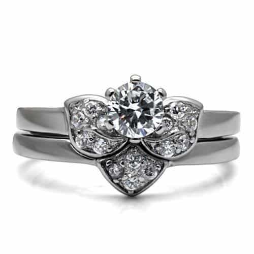 Stainless Steel CZ Petal Cluster Bridal Set Ring view 5