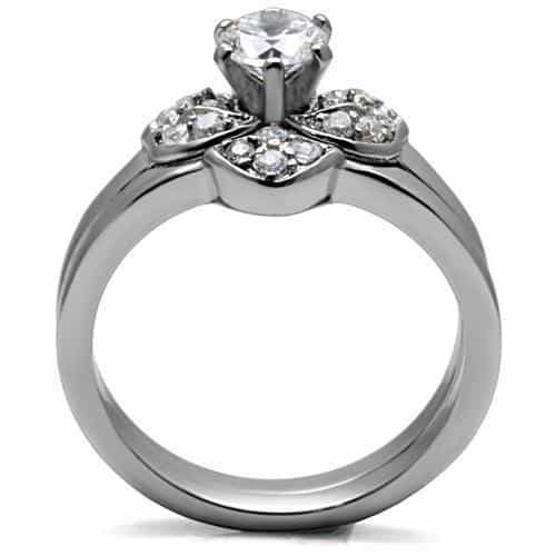 Stainless Steel CZ Petal Cluster Bridal Set Ring view 7