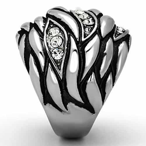 Stainless Steel Antiqued Leaf CZ Channel Dome Ring view 7