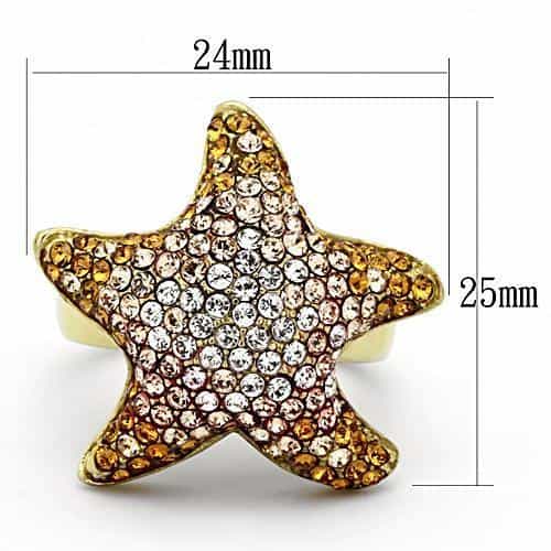 Stainless Steel Gold Multi Color Crystal Starfish Ring view 3
