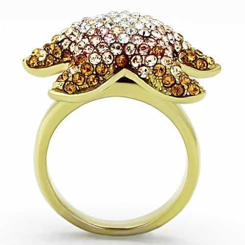 Stainless Steel Gold Multi Color Crystal Starfish Ring view 5