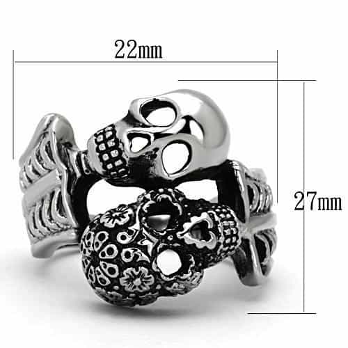 Stainless Steel Antiqued Floral Skull Statement Ring view 3