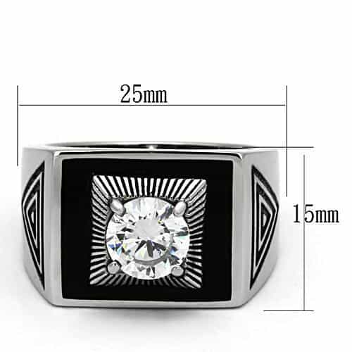 Stainless Steel Black Onyx CZ Sunburst Mens Signet Ring view 3