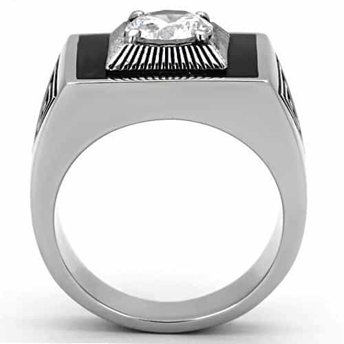 Stainless Steel Black Onyx CZ Sunburst Mens Signet Ring view 5
