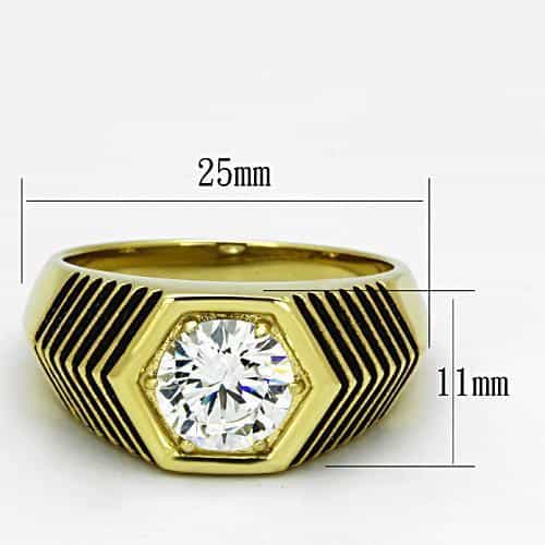 Stainless Steel Gold CZ Round Hexagonal Stripe Mens Signet Ring view 3